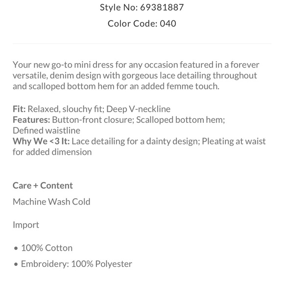 Free People Crown Jewel Denim Dress with Lace detail and scallop bottom hem, XL - Picture 3 of 17